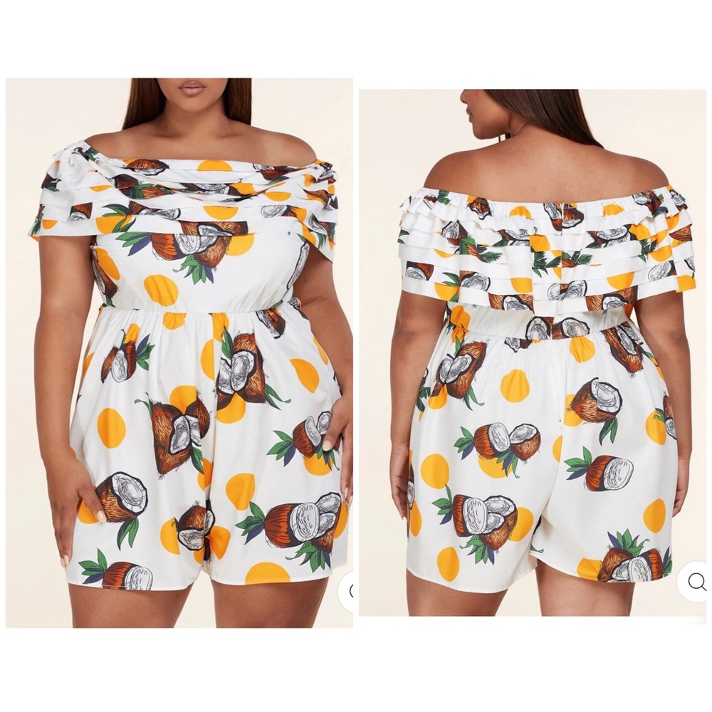 PLUS SIZE OFF SHOULDER LIME & COCONUT PRINT ROMPER